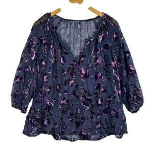 Sheer Purple Velvet Floral Blouse Burnout Devore Boho Romantic Peasant Top Large